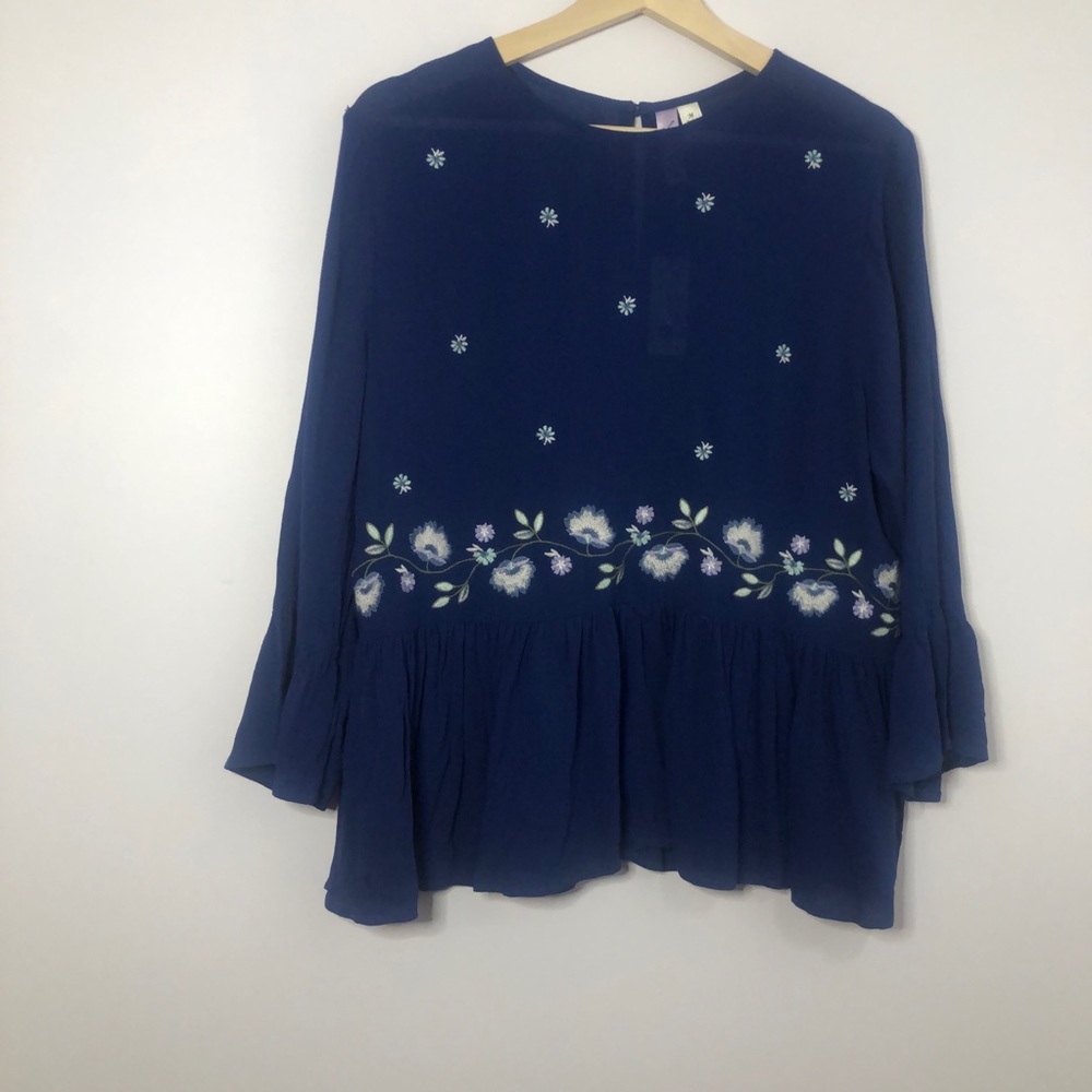 Alya Blue Blouse With Floral Embroidery NWT
